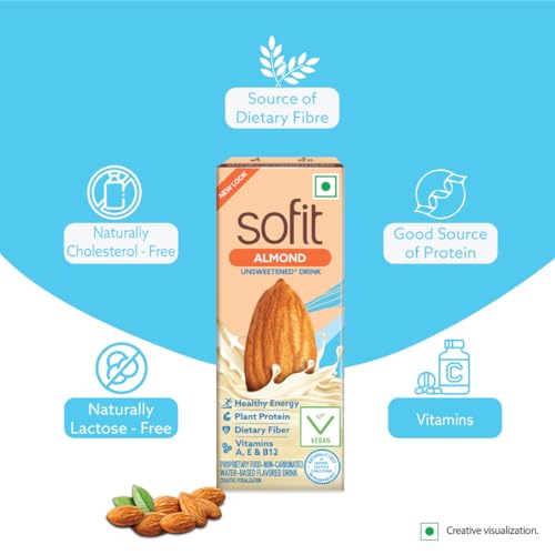 Image of Sofit Almond Drink Unsweetened, 180ml - Pack of 4 (2 x 180ml)| Vegan Drink |Enriched with Plant Protein, Dietary fibers, Vitamins and Calcium | Lactose Free | Gluten Free | Preservatives Free