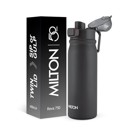 Image of MILTON Reva 750 ISI Certified Stainless Steel Water Bottle with Twin Lid Sip or Gulp, 750ml | Single Wall, BPA-Free, Leakproof | Sturdy Handle | Ideal for Home, Office, Gym & Travel, Black