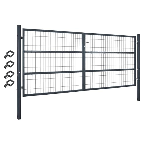 V2Aox Gartentor Tor Gartenzaun Zaun 300x140 cm Doppelflügelig Gartentür aus Metall für Stabmattenzaun Abschließbar inkl. Pfosten Grau