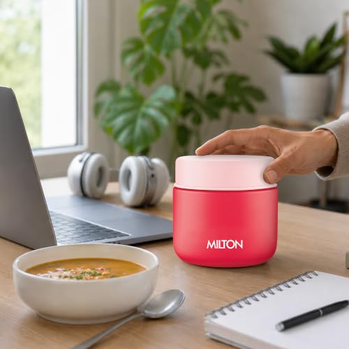 Image of Milton Grab N Go 350 Thermosteel Vacuum Insulated Food Jar|Hot & Cold Thermal Flask|Double Walled| Leak Proof | Ideal for carrying Soup, Khichdi, Sweet Corn to Office, School & Travelling, 350 ml, Red