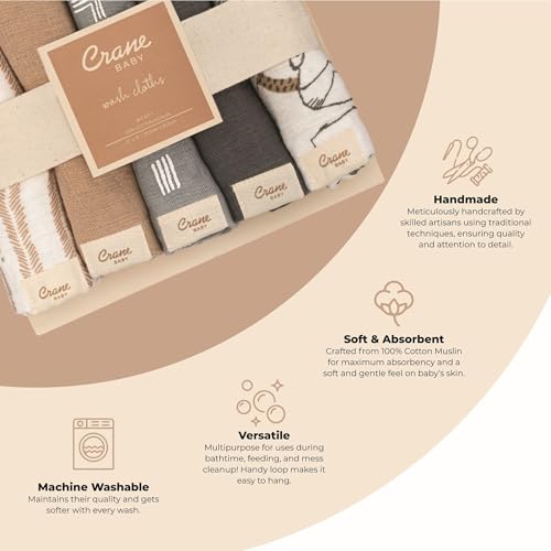 Image of Crane Baby Wash Cloth Set, 100% Cotton, Set of 5, Woodland Animal Theme, Muslin Washcloths for Newborn, Baby Registry Gift