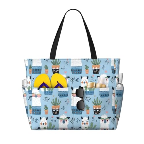 Large Beach Bags for Women Sandproof - Cute Alpaca Cactus (2) Print Summer Travel Work Tote Bags with Zipper