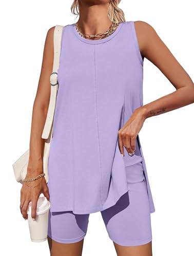 Esobo Women's Summer 2 Piece Outfits Sleeveless High Low Spilt Hem Tank Top Biker Shorts Sets Lounge Set Tracksuit