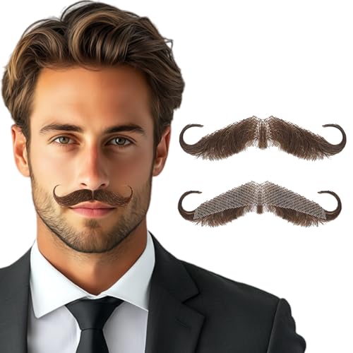 MSCYAE Realistic Mustache Stylish Handlebar Fake Moustache for Men,Costume Facial Hair with Invisible Lace for Halloween, Cosplay, Parties and Stage Performance