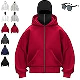 Generisch Balaclava Hoodie Unisex - Windproof Zip-Up with Built-In Ski Mask, Double Hood for Men & Women, Y2K Warm Winter Hoodie (S,Red + Black)