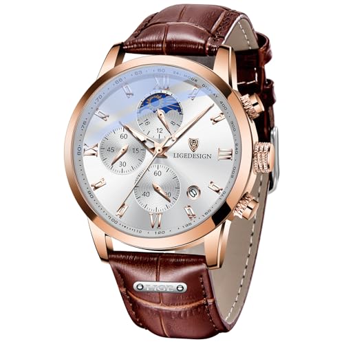 LIGE Reloj Hombre, Correa de Cuero Relojes Hombre, Cronógrafo de Cuarzo, Resistente al...