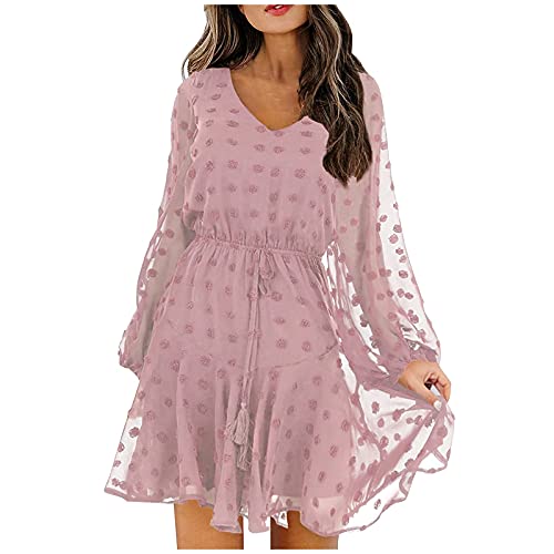 Zodrq Summer Dress for Women - V-Neck Polka Dot High Waist Chiffon Long Sleeve Shift Dress Mini Short Swing Skater Dresses(Pink,XL)