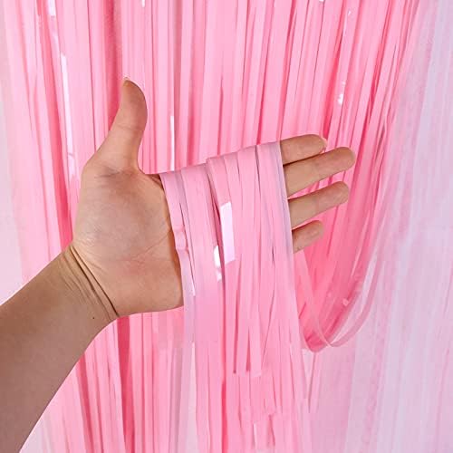 HONGCI 3pcs 3.2x6.5ft Macaron Pink Tinsel Curtain Door Streamers Fringe Foil Curtain Photo Backdrop Birthday Party Decorations for Girls Women Hen Do Wedding Party Decor Banner Pink - Image 4