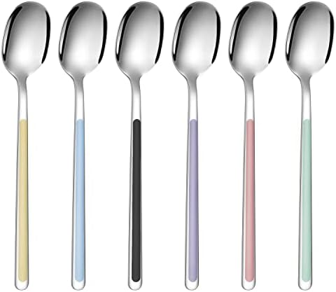 6 Piece Spoons Set, 18/10 Stainless Steel Korean Spoons Silverware, Long Handle Spoons Use for Iced Tea, Ice Cream, Dessert, Rice, Colorful Soup Spoons for Stirring, Dishwasher Safe, 8.07 inch