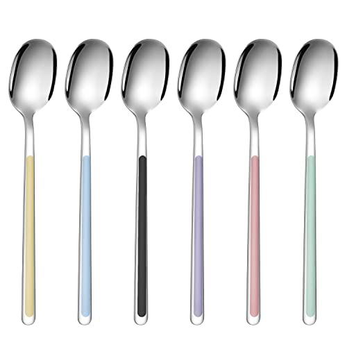 6 Piece Spoons Set, 18/10 Stainless Steel Korean Spoons Silverware, Long Handle Spoons Use For Iced Tea, Ice Cream, Dessert, Rice, Colorful Soup Spoons For Stirring, Dishwasher Safe, 8.07 Inch #TOP2