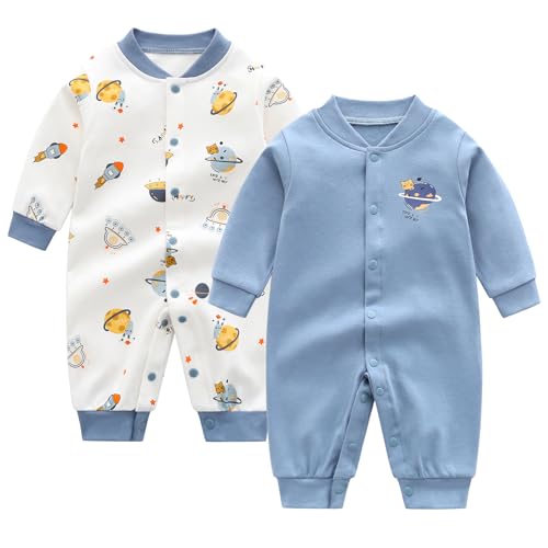 Image of Egaivtya Newborn Baby Boys 2 Pack Cotton Romper Outfits Infant Long Sleeve One-Piece Toddler Button Jumpsuits