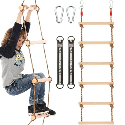 MUXHEL 1 Pcs 6.5 Ft Climbing Rope Ladder for Kids, Wooden Rope Hanging Ladder, Rope Ladder for Treehouse Outdoor and Indoor Swing Set Accessories