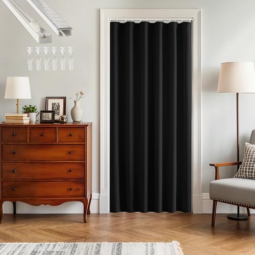 Image of RYB HOME Doorway Curtain with Straight Ceiling Track, Heavy Duty Blackout Privacy Door Divider for Closet /Hallway /French Door, Black, W36 x L80, 1 Panel