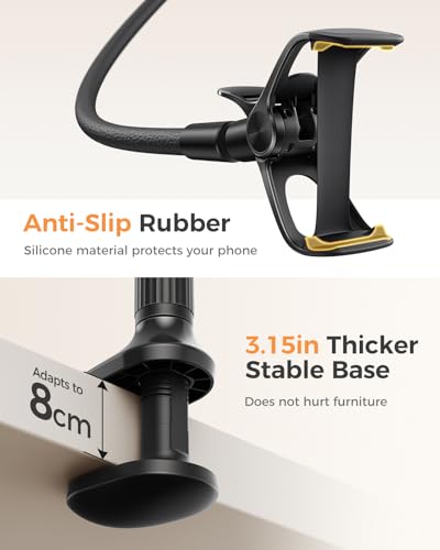 Image of SAIJI Gooseneck Phone Holder for Bed Overall Length 38.6 inch Flexible Leather Wrapped Arm Overhead Cell Phone Mount Stand with 360 Adjustable Clamp Clip, Compatible with All 4-7 inch Cellphones (Black)