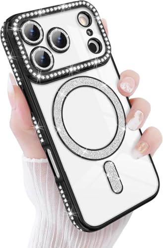 Image of for iPhone 17 Pro Max Magnetic Glitter Case,Luxury Bling Rhinestone Diamond Plated Bumper Case Sparkle Camera Lens Protection Clear Cover for iPhone 17 Pro Max (Black)