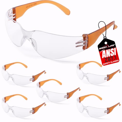 Image of BISON LIFE Clear /Orange Safety Glasses for Men & Women, ANSI Z87.1, 6 Pack