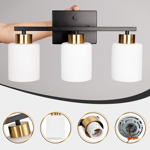 Image of FonmYim Black and Gold Bathroom Light Fixtures, 3-Light Modern Vanity Light Over Mirror, Wall Sconces with Milky White Frosted Glass Shades, E26 Socket (Bulbs Not Included)