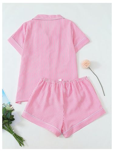 Image of BEAUDRM Women's Two Piece Pajama Sets Allover Print Short Sleeve Sleepwear Button Down Shirt and Bow Shorts Pj Set Loungewear