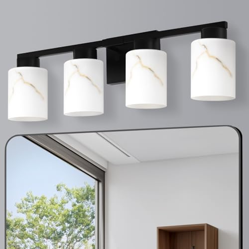Image of 4-Light Bathroom Light Fixtures, Modern Vanity Lights, Black Metal Wall Lamp with White Marble Glass for Bathroom, Mirror, Living Room, Bedroom, Cabinet, Porch, Hallway, E26 Base