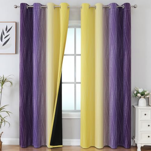 Image of Estelar Textiler Yellow and Purple Ombre Blackout Curtains 84 Inch Length for Bedroom, Thermal Insulated Full Light Blocking Grommet Gradient Blackout Drapes for Living Room, 52Wx84L, 2 Panels