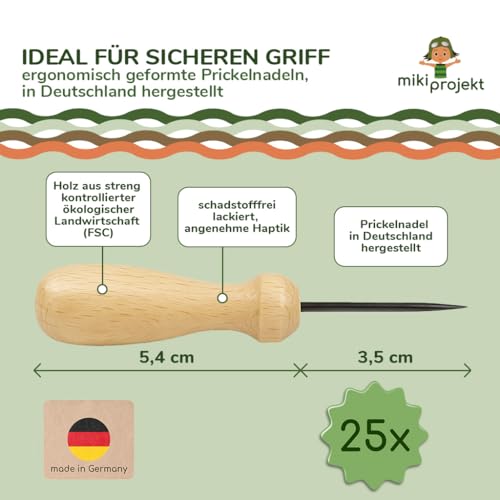 miki projekt 25x Prickel Set - Made in Germany - 25x ergonomische Prickelnadel Holz + 25x Prickelunterlage Filz (20x15x1 cm) - XXL Prickelset für Gruppen - Vorteilspreis – sicheres Prickeln – Bild 3