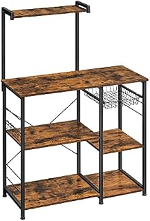 VASAGLE Bakers Rack with Shelves, Microwave Stand with Wire Basket, 6 S-Hooks, Kitchen Shelf, Utility Storage for Spices, Pots, and Pans, Rustic Brown KKS35X