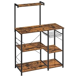 VASAGLE Baker’s Rack with Shelves, Microwave Stand with Wire Basket, 6 S-Hooks, Kitchen Shelf, Utility Storage for Spices, Pots, and Pans, Rustic Brown KKS35X