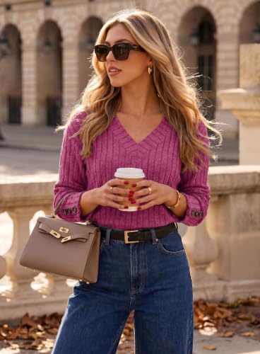 Image of Dokotoo Womens Tops V Neck Lightweight Sweater Fall Long Sleeve Top 2026 | Decorative Buttons, Soft Breathable Knit Material, Pullover Tunic Tops, Business Casual, Fall Outfits, Winter Clothing 2026