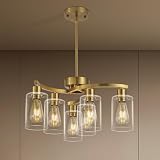 Syltherra 6 Light Gold Dining Room Light Fixture，Modern Farmhouse Kitchen Chandeliers Over Table，Adjustable Height Hanging Pendant Lighting for Kitchen Island ，with Glass Shade