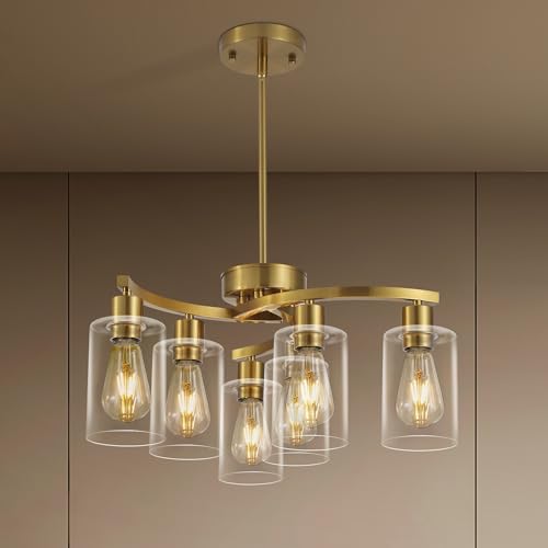 Syltherra 6 Light Gold Dining Room Light Fixture，Modern Farmhouse Kitchen Chandeliers Over Table，Adjustable Height Hanging Pendant Lighting for Kitchen Island ，with Glass Shade by Syltherra - Used condition - US$99.53