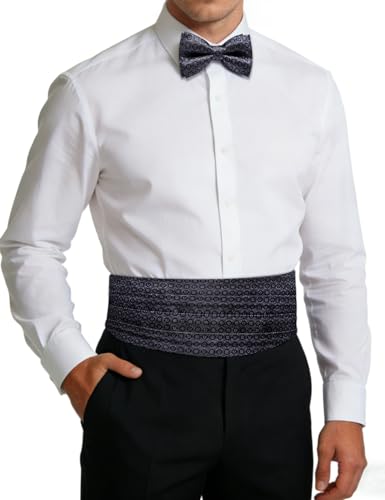 Image of Paisley Floral Tuxedo Cummerbund Bow Tie Pocket Square Set for Men | 3-piece set:cummerbund,bow tie&pocket square.Adjustable back for comfort.Silk blend,wedding,proms,black tie&formal events.