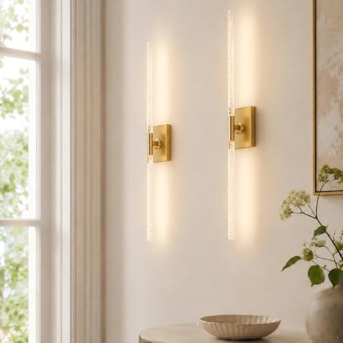 Image of Crystal Bubble Battery Operated Wall Sconces Set of 2: 10000mAh Gold Rechargeable Wall Light, 360 Rotate 4CCT Dimmable Modern Wireless Wall Lamp Decor for Hallway Bathroom Bedroom Living Room Mirror