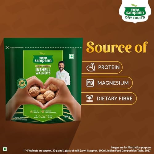 Image of Tata Sampann Inshell Walnuts /Akhrot, Rich in Protein, Dietary Fibre & Magnesium, Source of Phosphorus, Naturally Cholesterol Free, Nutritious Snack, 500g (Pack of 3)