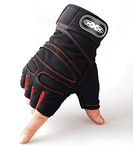 JUNSHUO Guantes de Gimnasio,Medio Dedo,Respirable con Protección de Palma Antideslizante A Prueba de Golpes para Hombre Mujer Levantamiento de Pesas con Mancuernas/Fitness/Gimnasio/Ciclismo (Rojo, L)