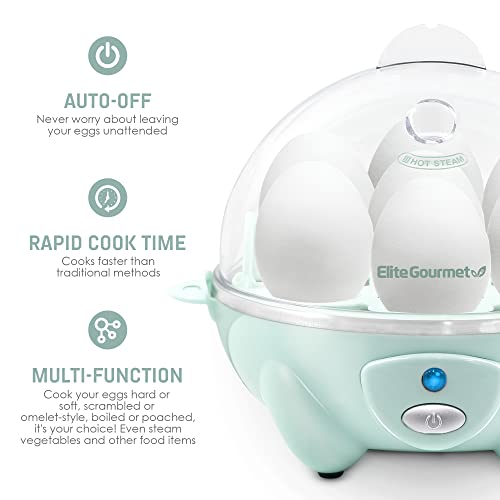 Elite Gourmet Egc007M# Rapid Egg Cooker, 7 Easy-To-Peel, Hard, Medium, Soft Boiled Eggs, Poacher, Omelet Maker, Auto Shut-Off, Alarm, 16-Recipe Booklet, Mint #TOP3