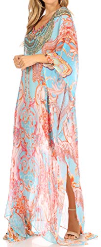 Sakkas Wilder Printed Design Long Sheer Rhinestone Caftan Dress/Cover Up3