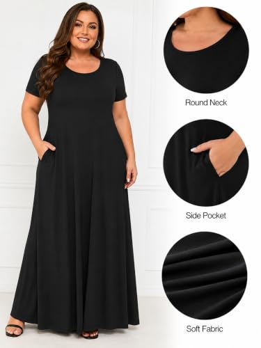 Image of PinkPatty Women's Plus Size Maxi Dresses Short Sleeve Sundress Summer T-Shirt Beach Long Dress with Pockets