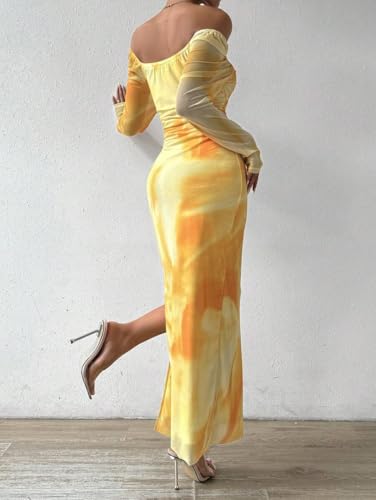 Image of LIGHT DOT Women's Printed Off Shoulder Maxi Dress Long Sleeve Bodycon Ruched Mesh Cocktail Dress