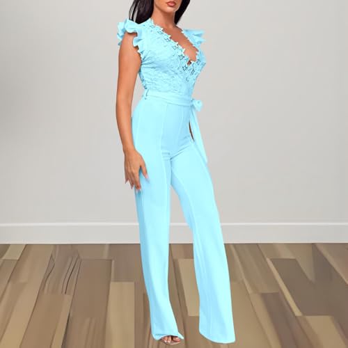 Image of PaladMom Womens Elegant Plus Size Jumpsuits Sexy Back zipper Short Sleeve Mid Waist Wide Leg Straight Rompers