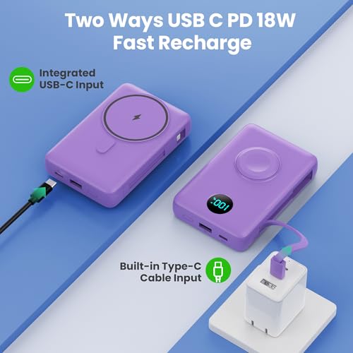 Image of APHUWJ Magnetic Portable Charger Power Bank,Compact 10800mAh LCD Display Wireless Portable Charger,PD USB-C in&Out Battery Pack Compatible with Magsafe,iPhone 17 /17 Pro Max /16 /15 /14 Series (Purple)