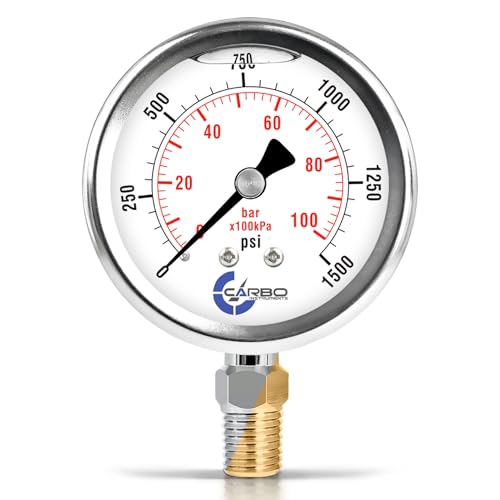 Image of 1500 PSI Glycerin Liquid Filled Pressure Gauge, 2.5 inch Dial, 1 /4 NPT Lower Mount, 304 Stainless Steel Case, Brass Wetted Parts, Dual Scale PSI /Bar - ASME B40.1 Grade A