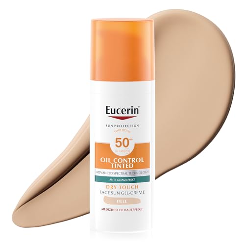 Eucerin Oil Control Tinted Sun Face Gel-Creme LSF 50+ Hell 50ml unparfümierte Sonnencreme mit Dry Touch für empfindliche fettige und zu Akne neigende Haut getönte Tagescreme mit UV-Filter