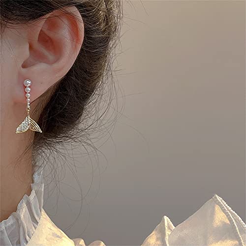 Pearl Mermaid Tail Dangle Stud Earrings for Women Girls 925 Sterling Silver Cubic Zirconia Shell Pearls Drop Ocean Fishtail Charms Dangling Dainty Cute Christmas Birthday Valentines Jewelry Gifts2