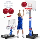 2-in-1 Toddler Basketball Hoop with Ring Toss Game, Adjustable 2.5–5.5 Ft Indoor & Outdoor Kids Basketball Set with Mini Balls, Rings, Pump & Stable Base | Sports Toy for Boys & Girls Ages 1–3+