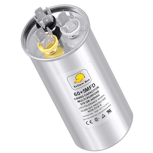 Capacitor for Air Conditioner 60+5 uf MFD 370 or 440 Volt VAC, Multi-Purpose Round Capacitor for AC Motor Run or Fan Motor Start or Condenser Straight
