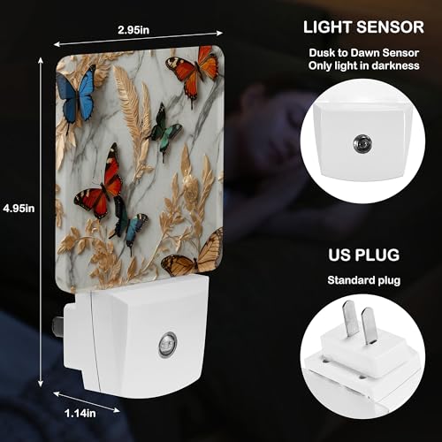 Image of LED Night Light Lamp with Smart Sensor Dusk to Dawn Sensor,Marble with Feathers Flowers and Butterflies Night Light Daylight White,0.5W Plug-into Wall for Adults,Bedroom,Hallway,Kitchen