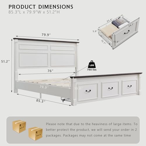 Farmhouse King Size Bed Frame with 51" Tall Headboard, Wood Platform Bed Frame with 20" Tall Roman Column Decoration Footboard & 3 Large Storage Drawers, No Box Spring Needed (White)