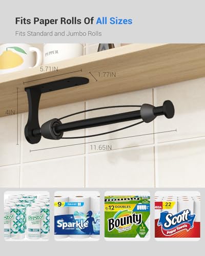 Image of Paper Towel Holder Under Cabinet, One-Handed Tear, Wall Mount, Adhesive, Black, Paper Roll Holder with Ratchet Mechanism for Kitchen Bathroom Farmhouse Essentials Decor Accessories
