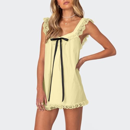 Image of Women Y2K Babydoll Mini Dress Cute Bow Lace Trim Pleated Ruffle Short Sundress Casual Party Vacation One Pieces