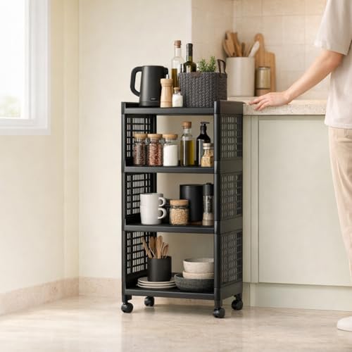 Morbrix 4 Layer Plastic Kitchen Storage Trolley Rack with Wheels, Multipurpose Storage Organizer Racks, Vegetable Trolley Rack Stand for Home, Office, Kitchen, Bathroom (Black)